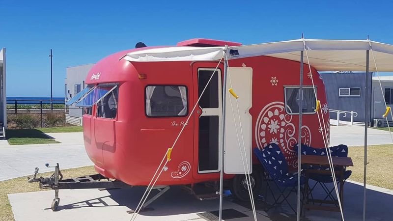 RetroPod Vintage Caravan Hire set up at Tweed Holiday Parks Kingscliff Beach